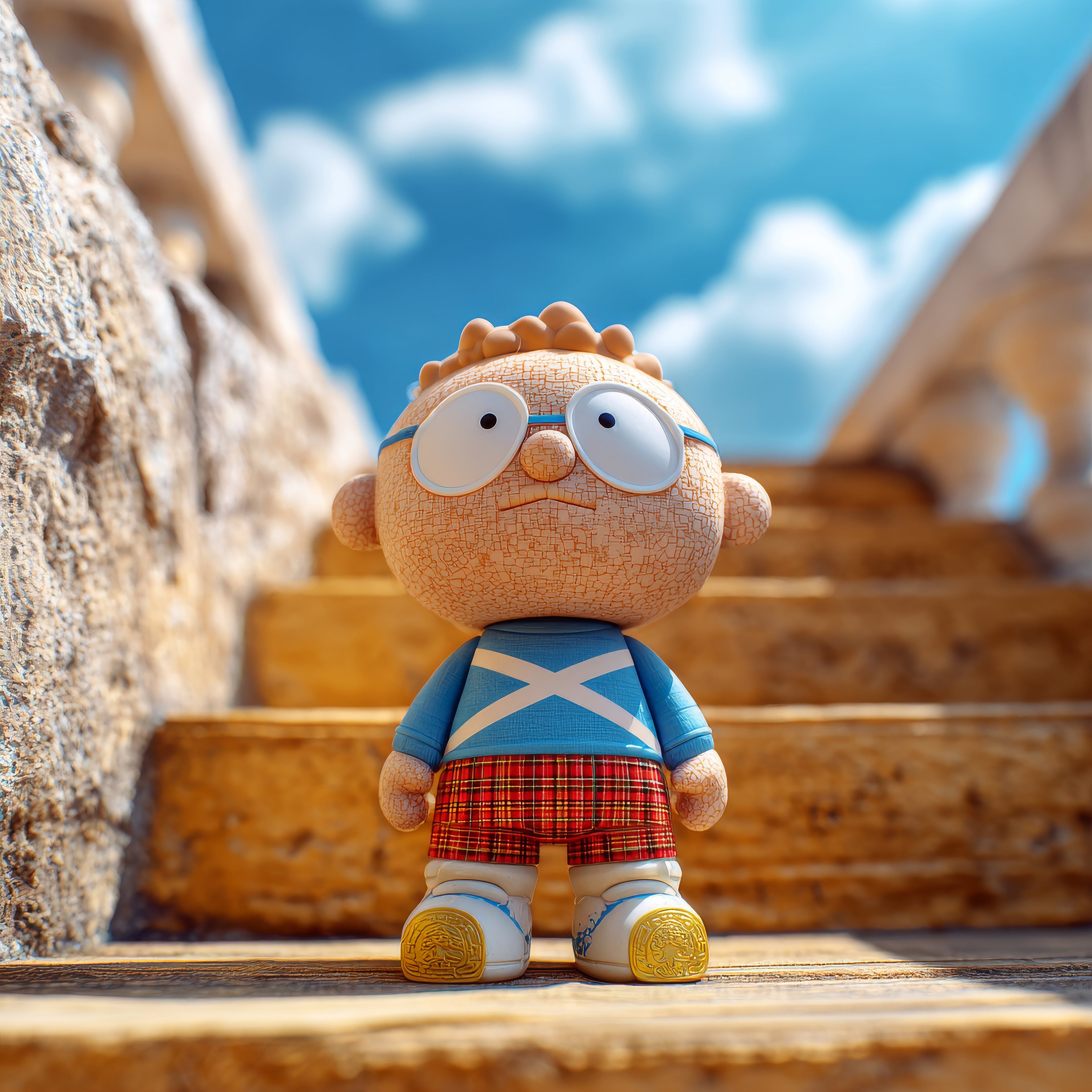 Toy figure with a blue shirt and red shorts standing on wooden steps with a blue sky background