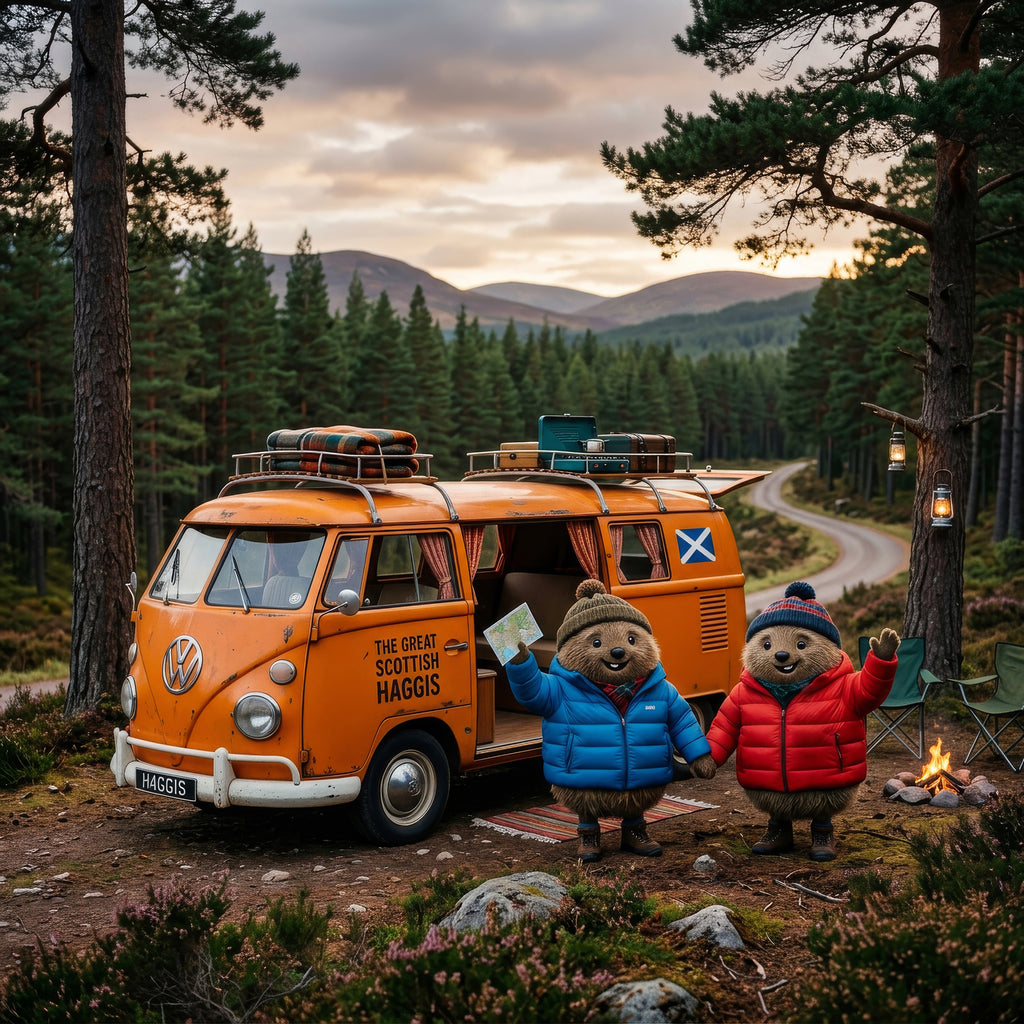 Two haggis bears in front of an orange Volkswagen van in a forest setting.