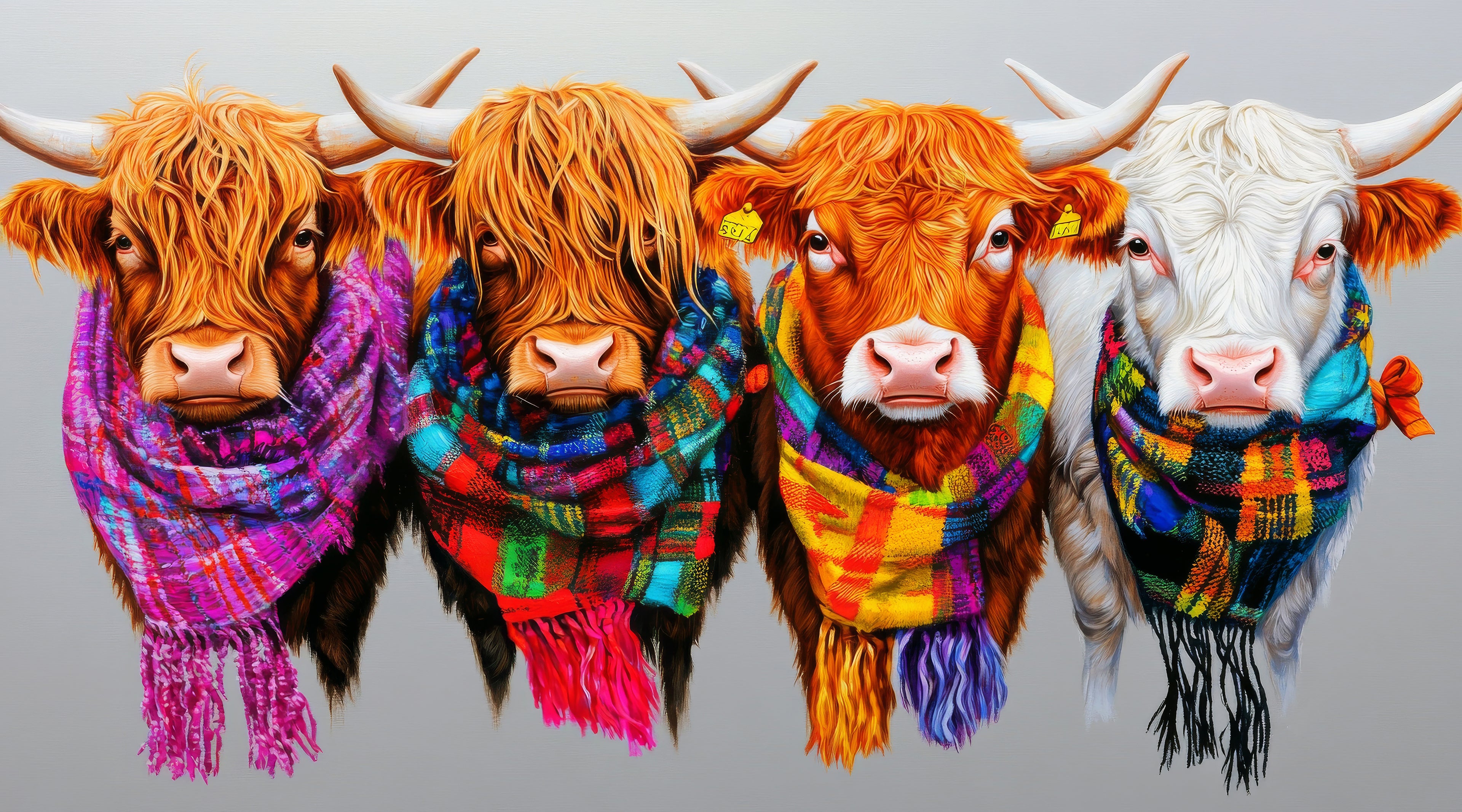 Four cows wearing colorful scarves on a gray background