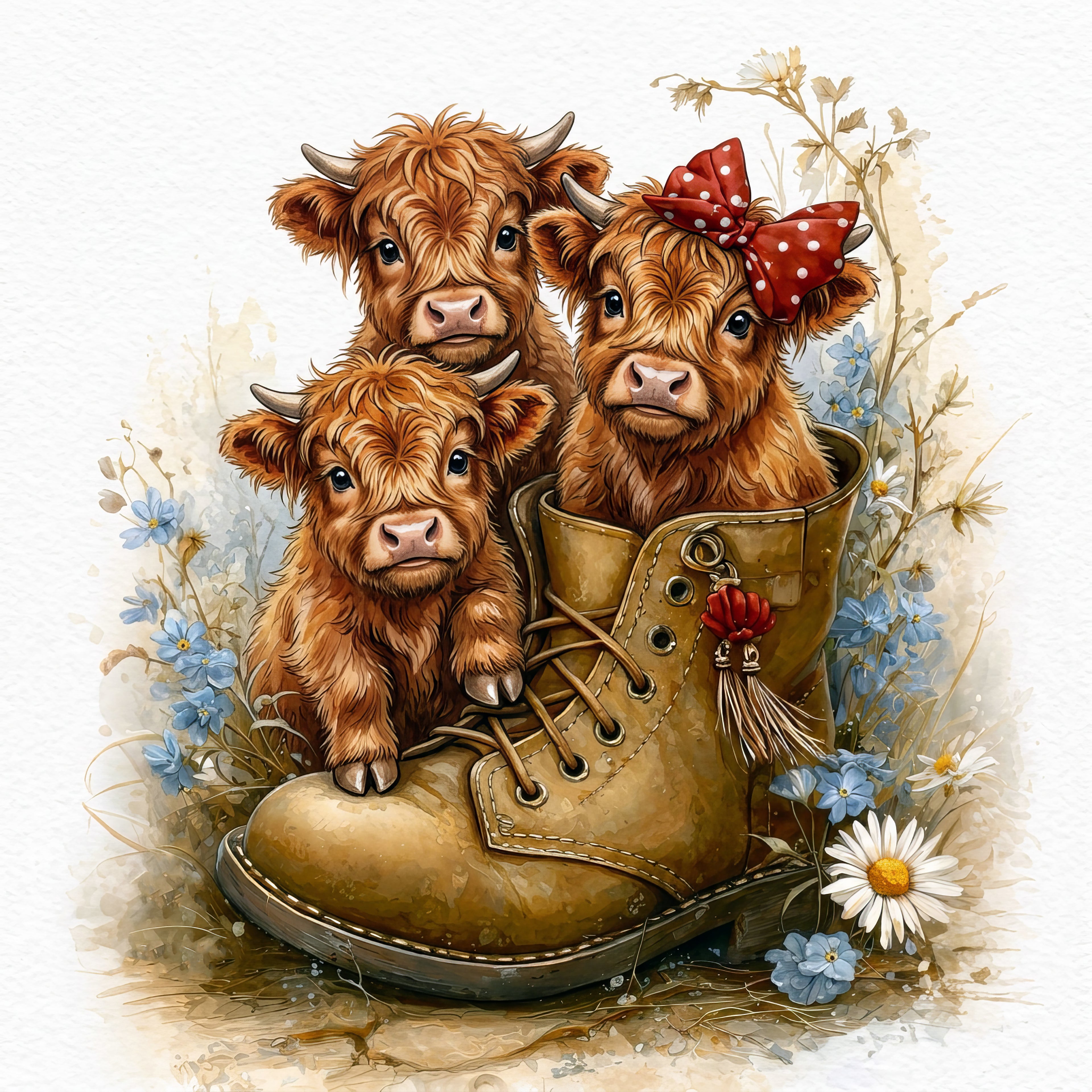 Three cartoon calves with a bow in a brown boot surrounded by flowers on a light background