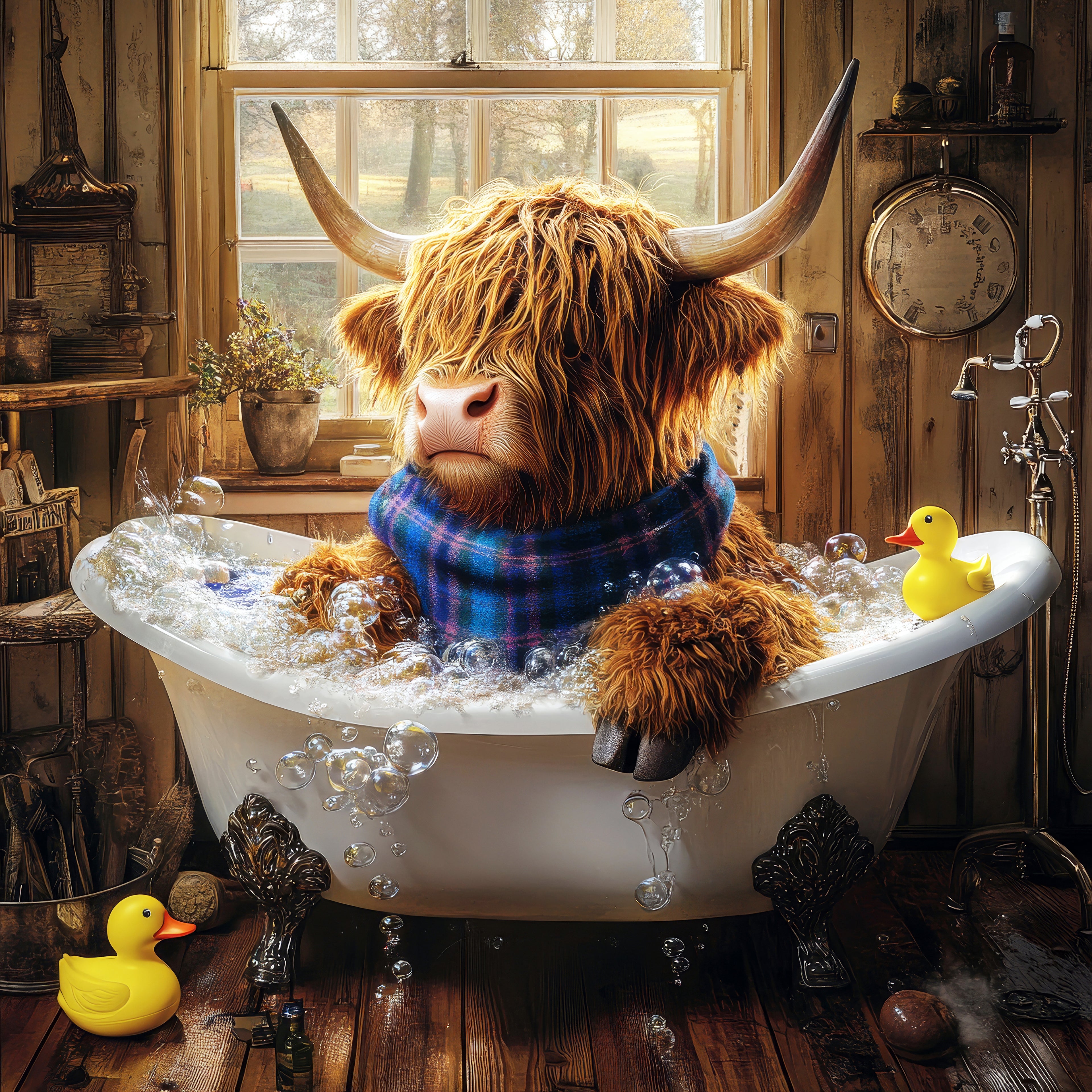 Highland cow taking a bath