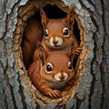 Two squirrels peeking out from a tree hole.