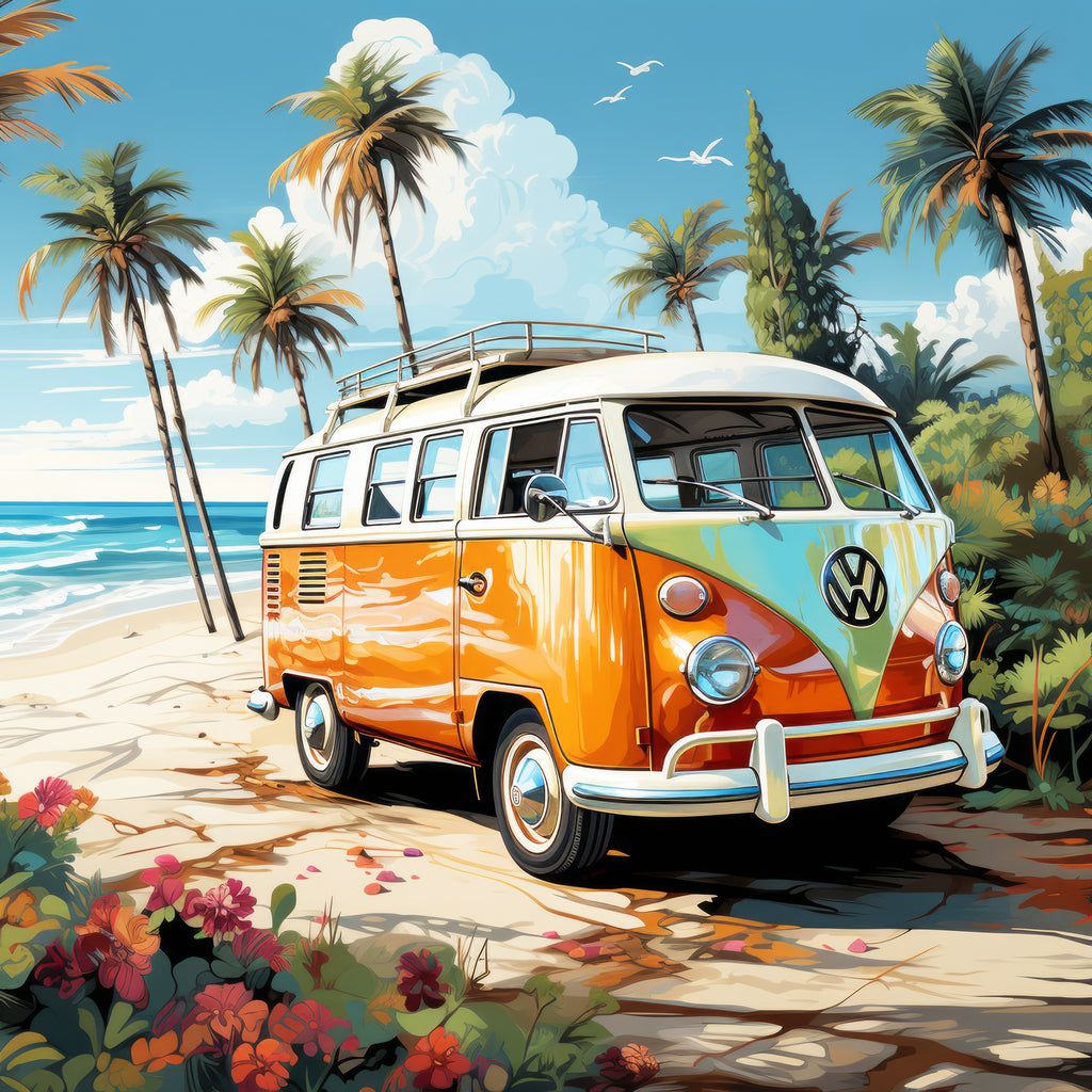 Volkswagen van on a tropical beach with palm trees and flowers.