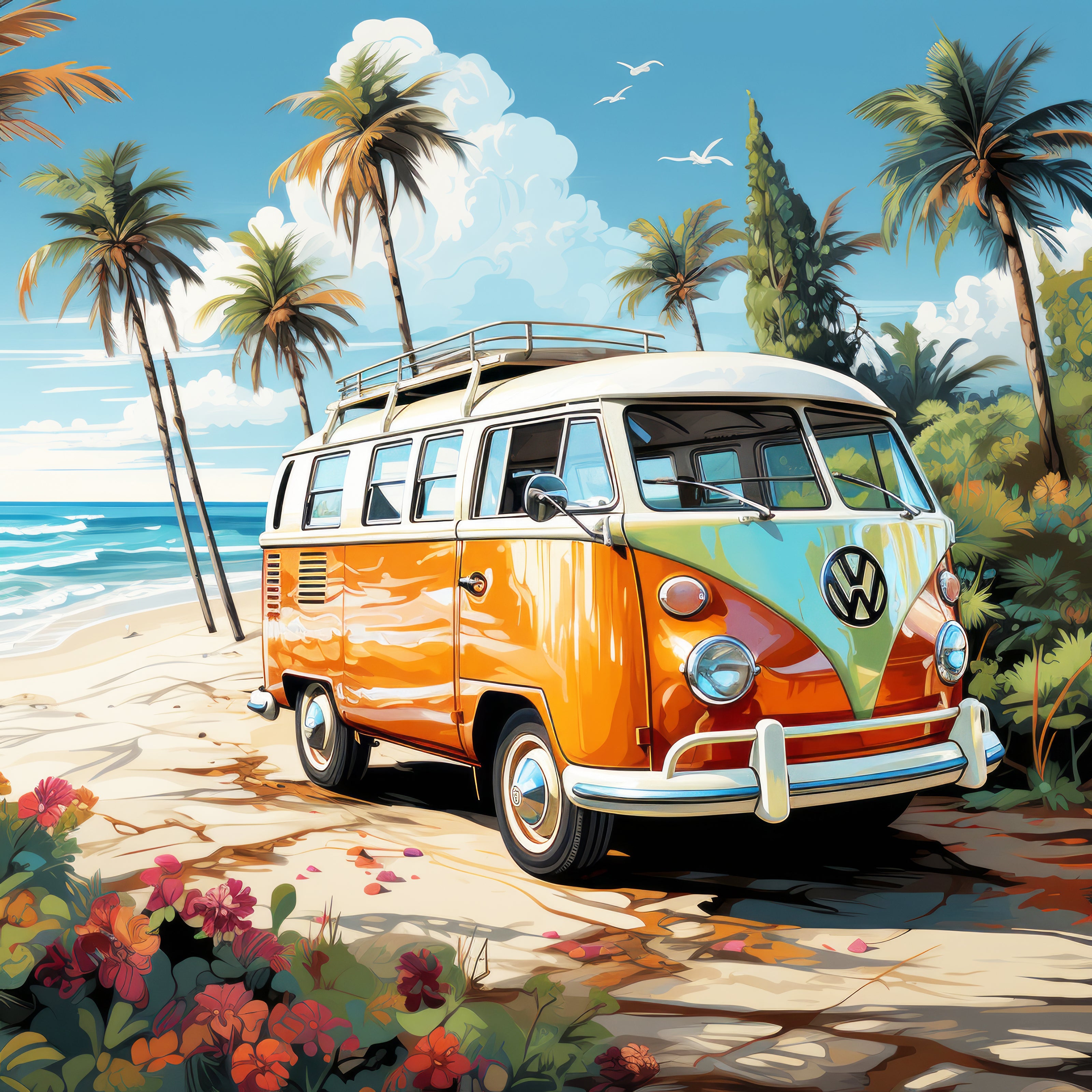 Volkswagen van on a tropical beach with palm trees and flowers.
