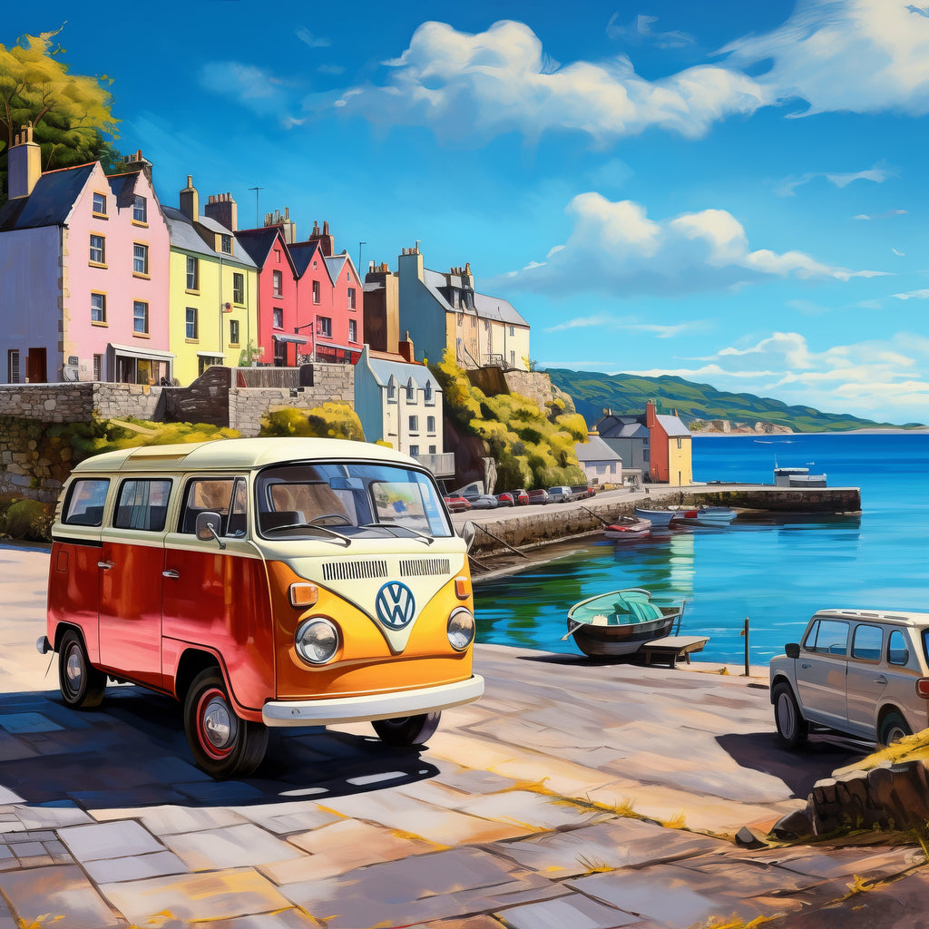 Colorful Volkswagen van in a coastal town with houses and water in the background
