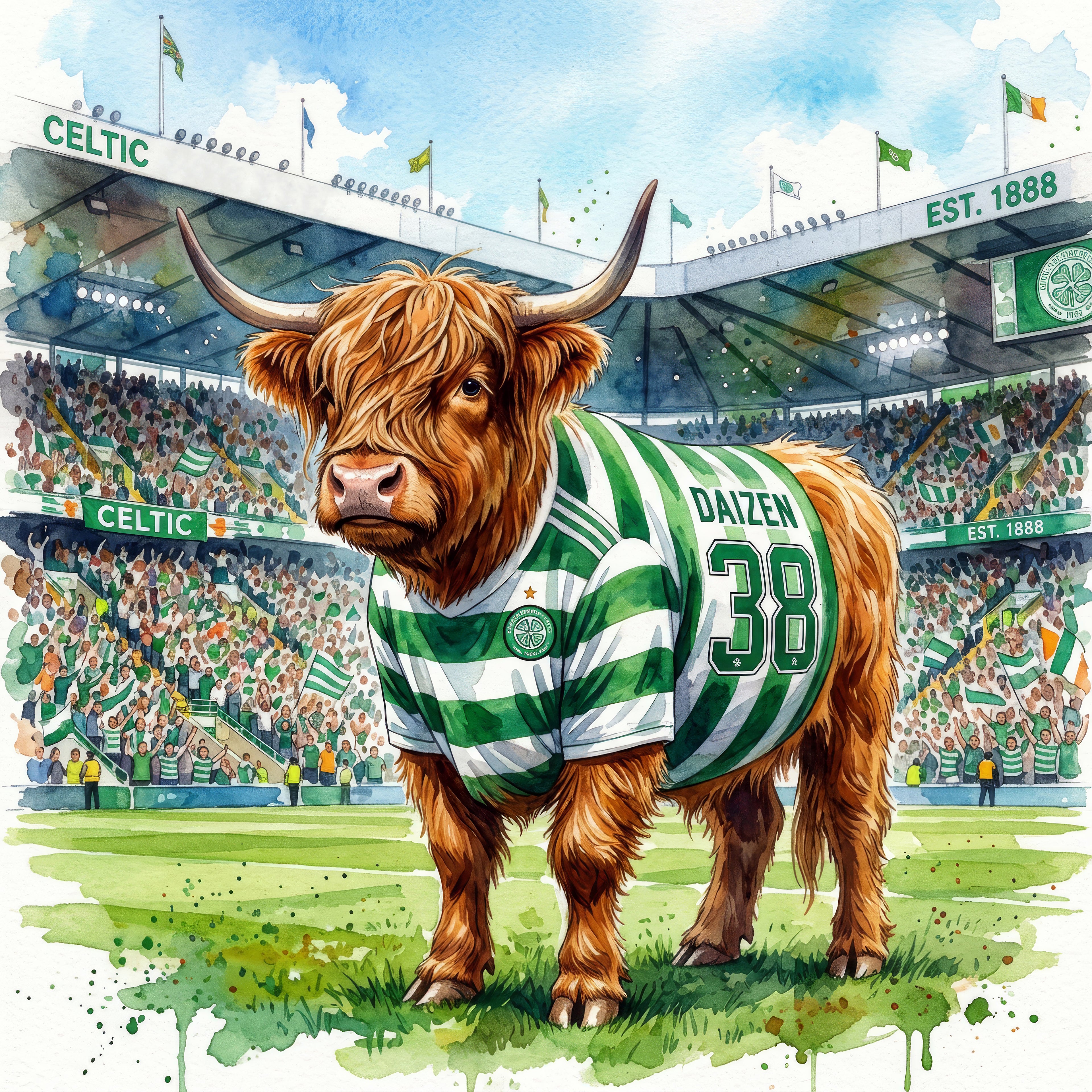Highland cow in a green and white striped jersey with 'DAZEN 38' on a stadium background