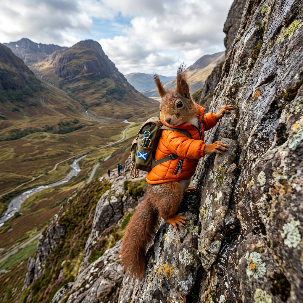 Squirrel in an orange jacket with a backpack on a mountain cliff