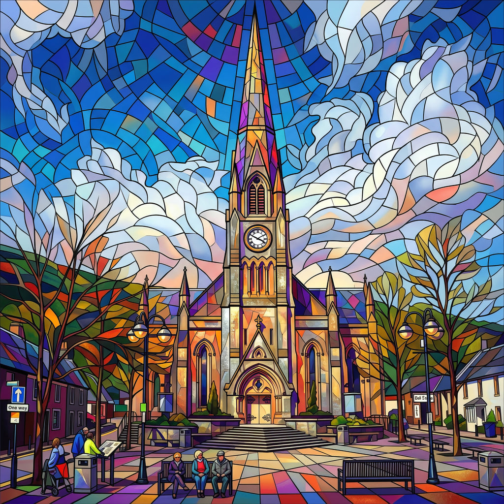 Colorful stained glass-style depiction of a church with a clock tower and people sitting on a bench.