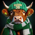 Cow wearing a green 'Daizen 38' beanie and scarf on a dark background