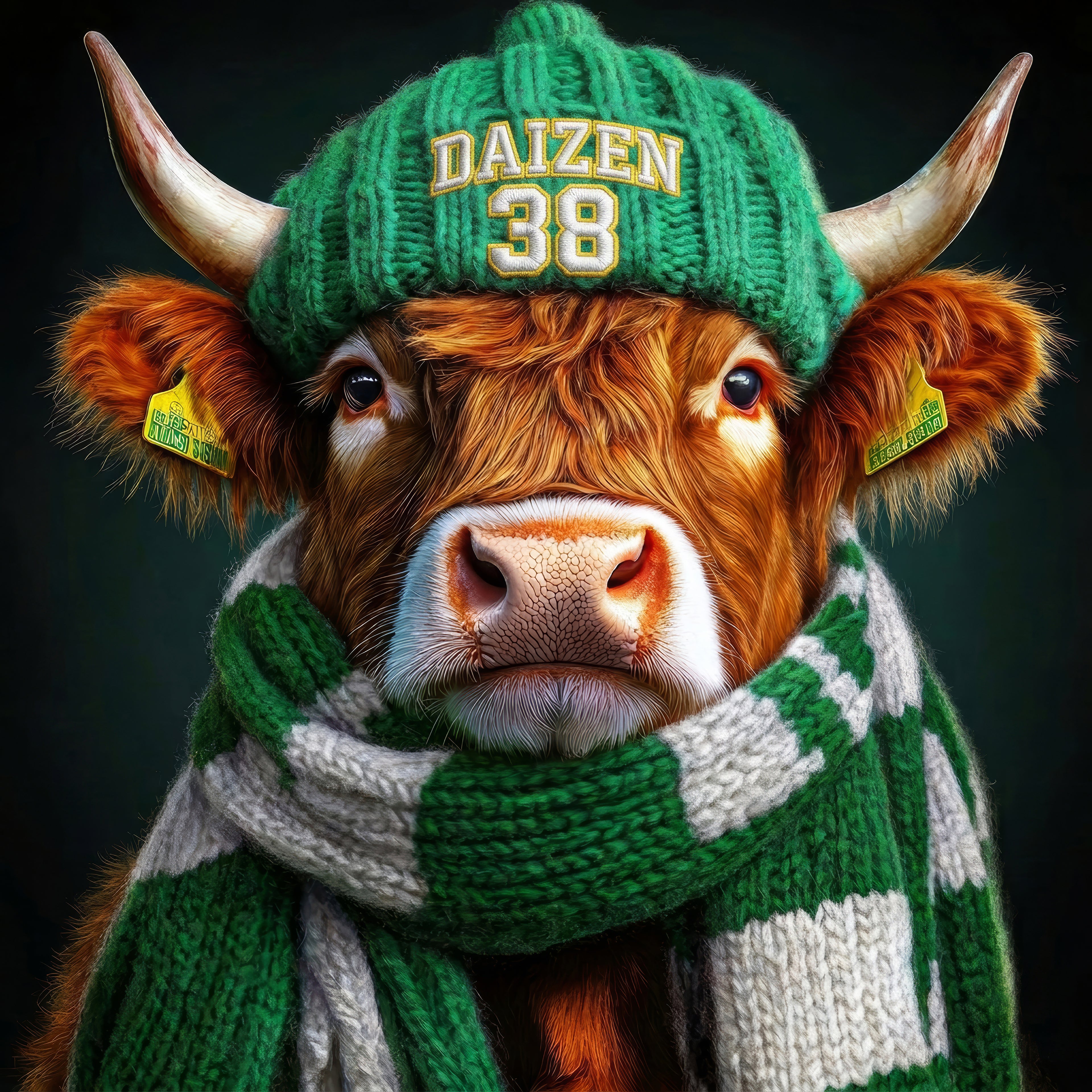 Cow wearing a green 'Daizen 38' beanie and scarf on a dark background