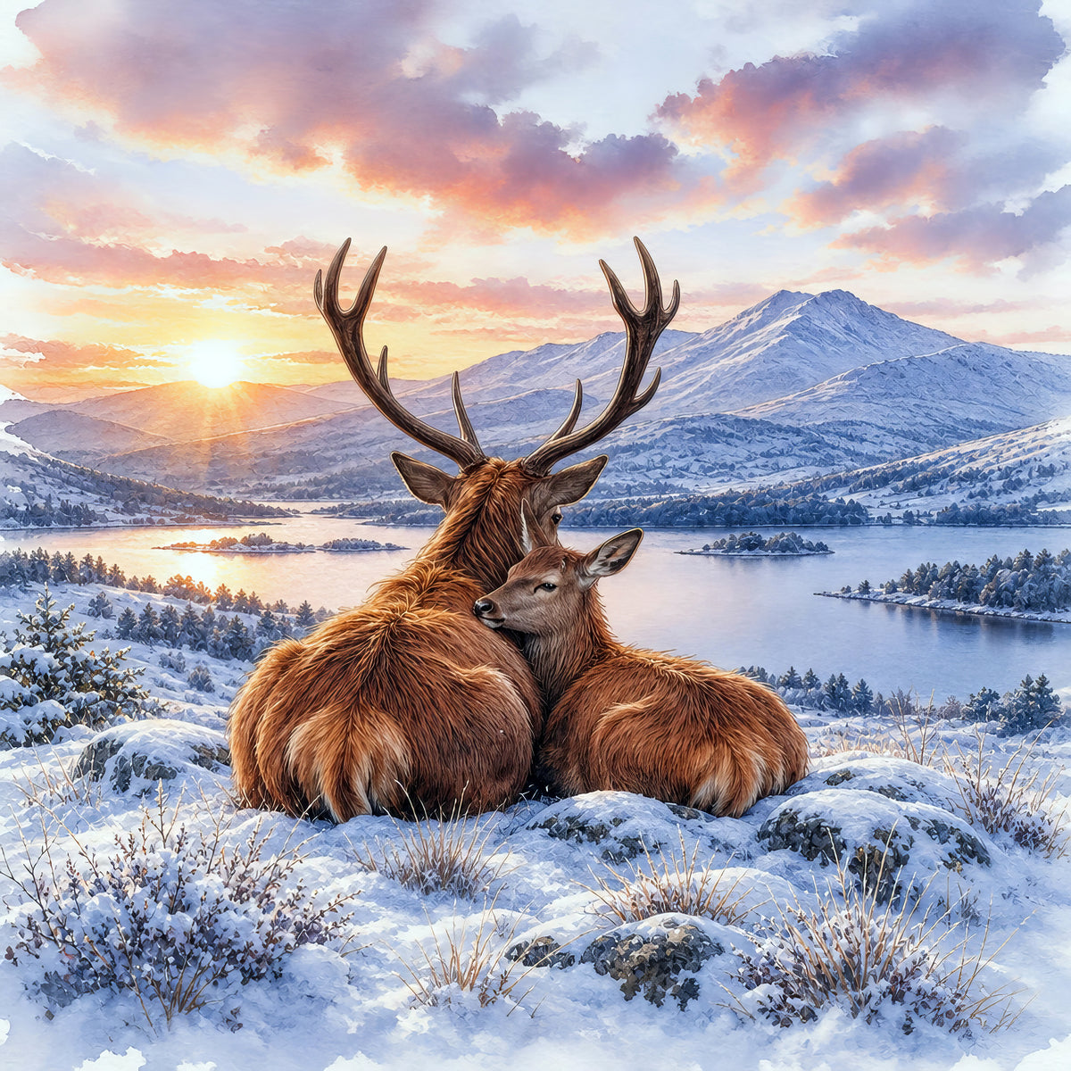 two deer on a hill looking dow at the loch