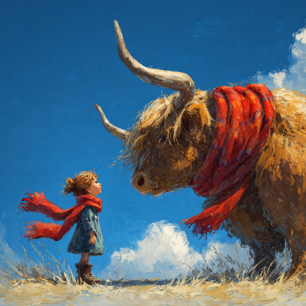Canvas wall art of child and a large highland cow both wearing red scarves against a blue sky.