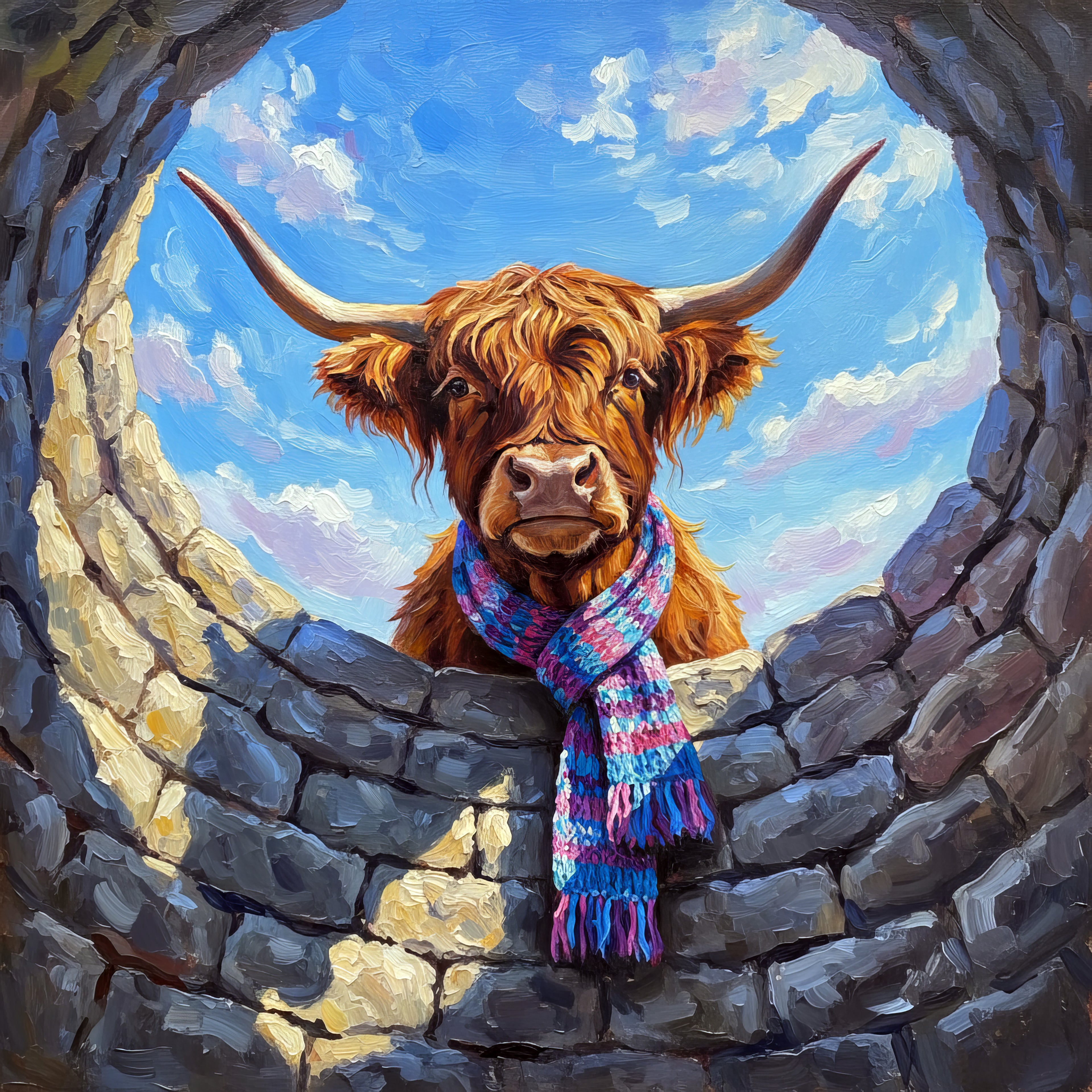 Print of Painting of a Highland cow wearing a colourful scarf 