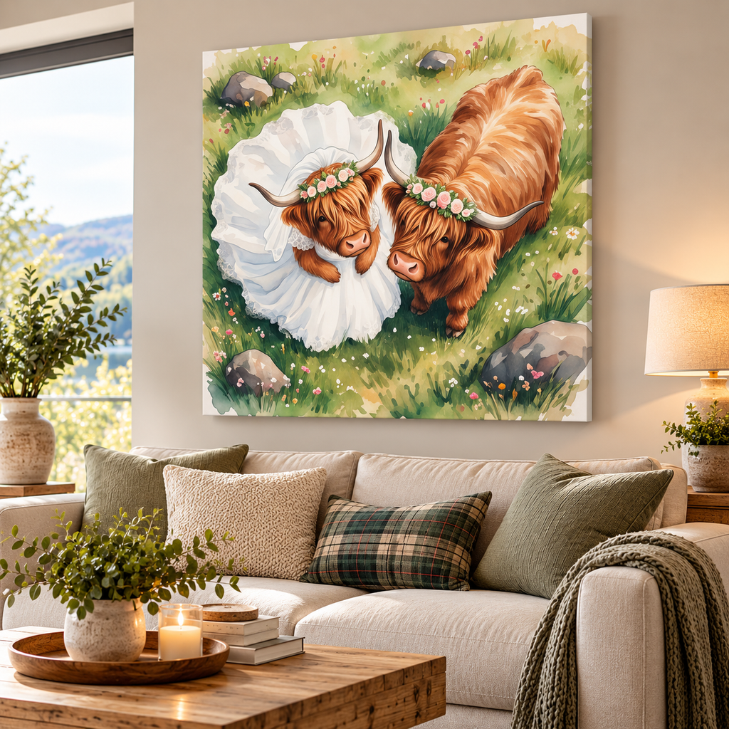 A large square canvas wall art print hangs above a beige sofa in a styled living room. The artwork depicts two Highland cows lying in a grassy field, one wearing a white bridal veil and the other in a floral crown.