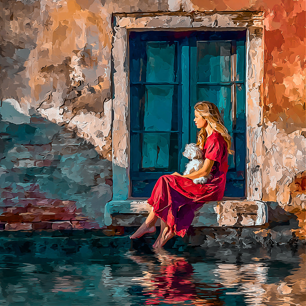 Woman in a red dress sitting by a blue door with a dog, surrounded by warm-toned wall and water reflections.
