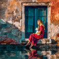 Woman in a red dress sitting by a blue door with a dog, surrounded by warm-toned wall and water reflections.